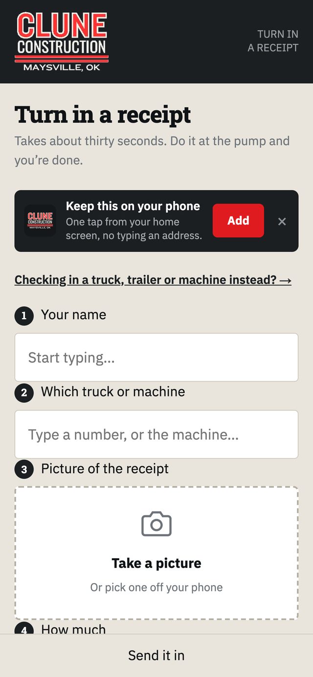 Turn in a receipt mobile form
