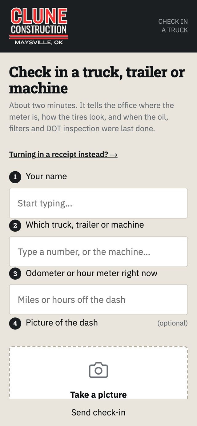Check in a truck, trailer or machine mobile form
