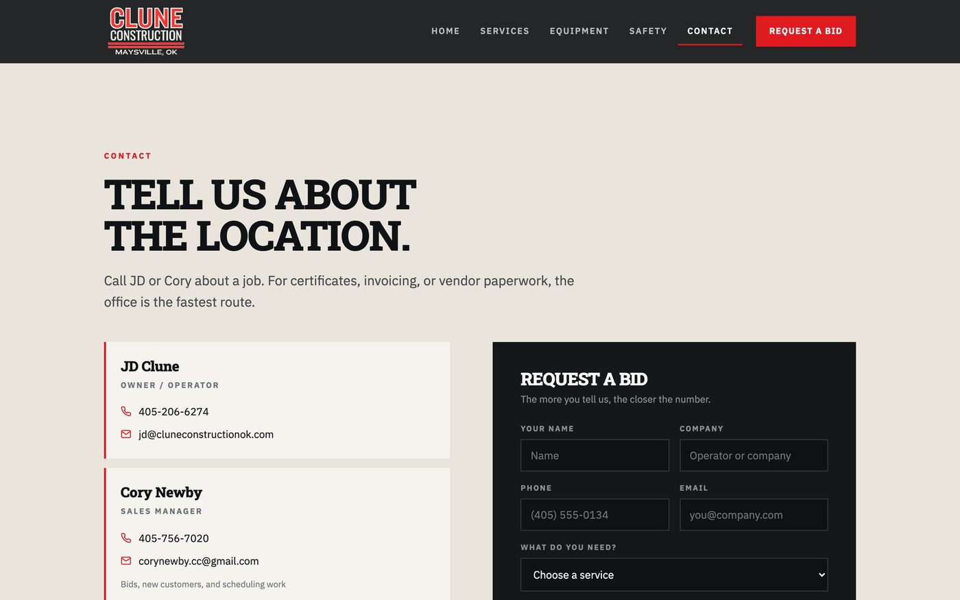 Clune Construction request a bid contact page