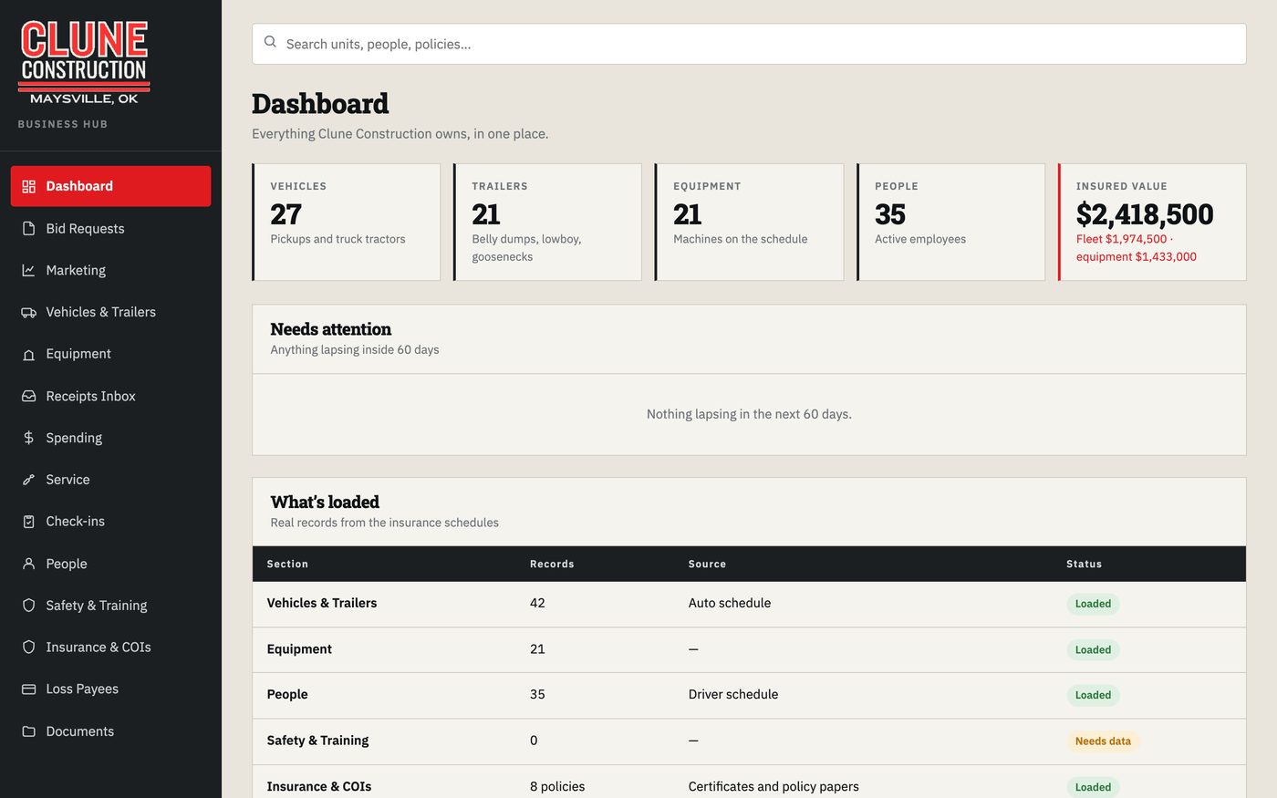 Clune Business Hub dashboard