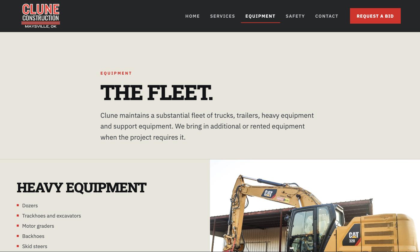 Clune Construction equipment page listing the fleet