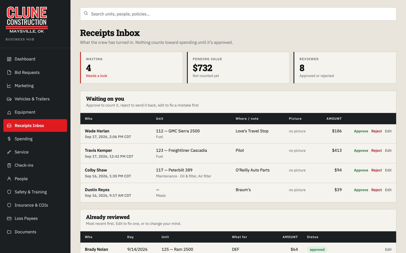 Clune Business Hub receipts inbox