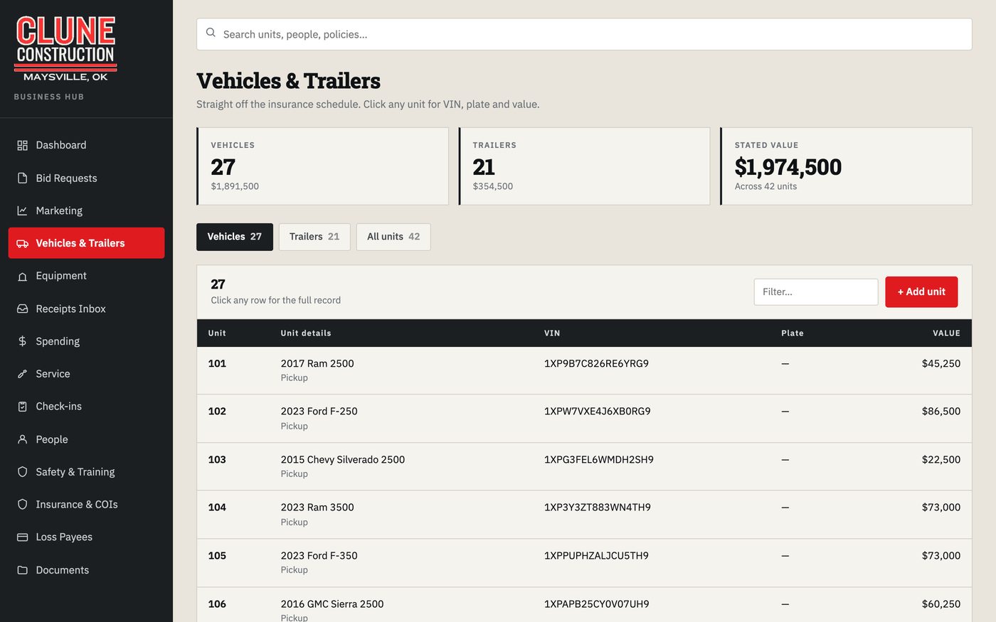 Clune Business Hub vehicles and trailers list