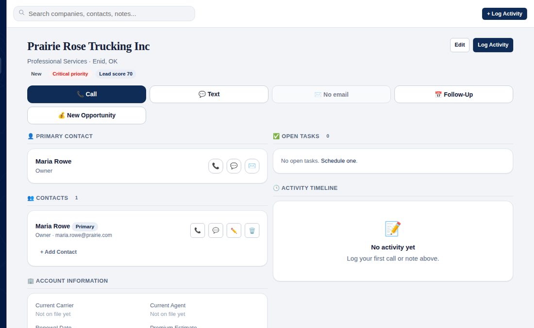 Custom CRM company detail screen
