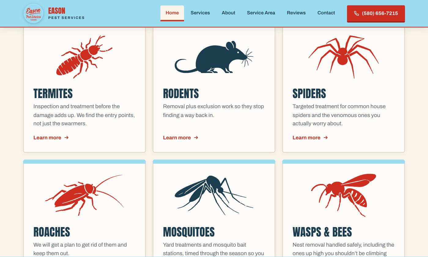 Eason Pest Services treatments grid for termites, rodents, spiders, roaches, mosquitoes, and wasps