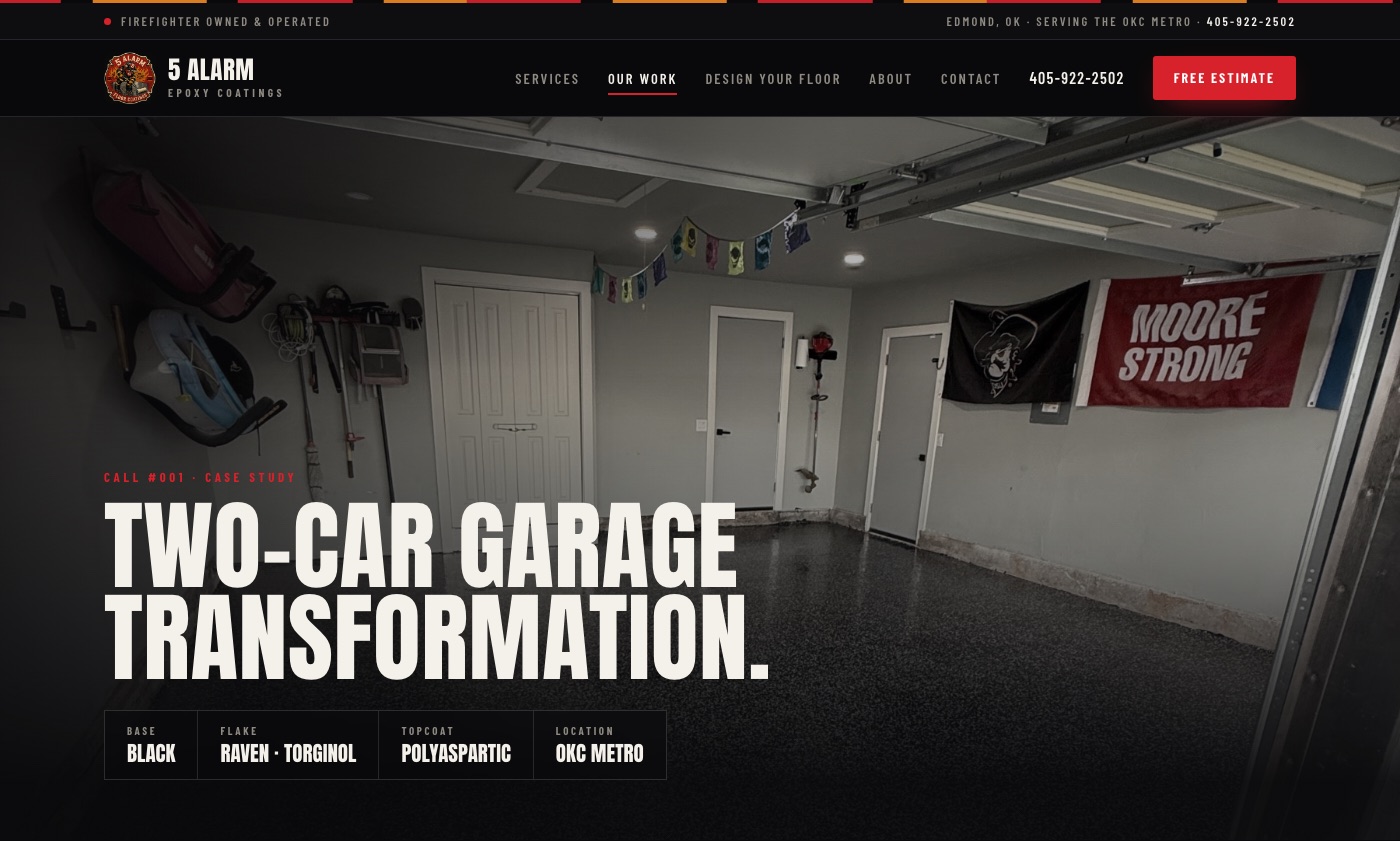 5 Alarm Epoxy Coatings Call #001 two-car garage case study page